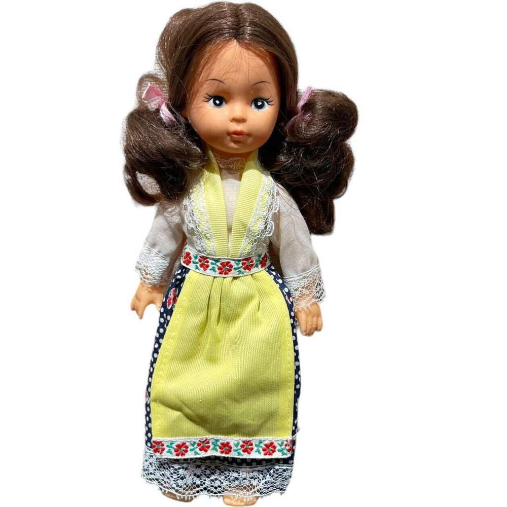 Vtg Dutch 10” Doll Brunette Pigtails White Navy Polka Dot Yellow Apron Dress EUC